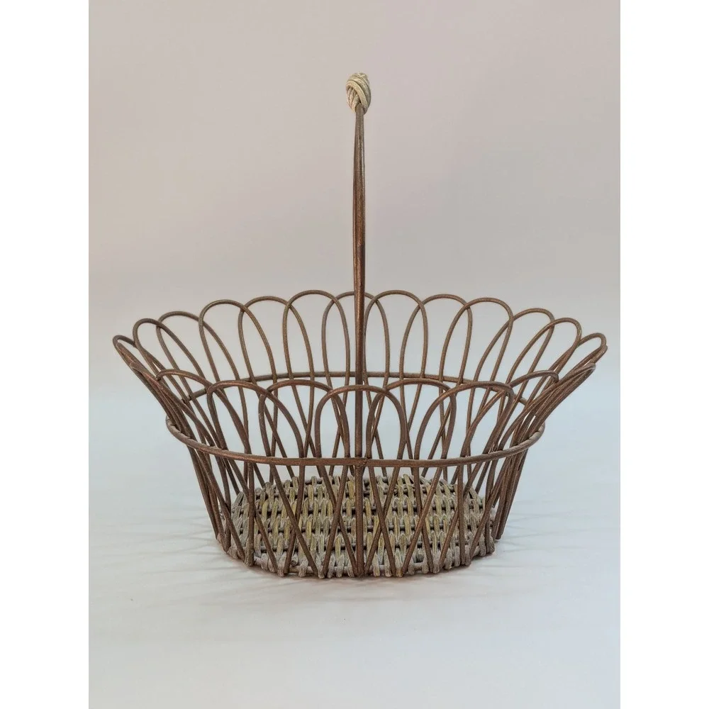 Vintage Bronze Wire Scalloped Petal Basket Woven Wicker Base Farmhouse Decor